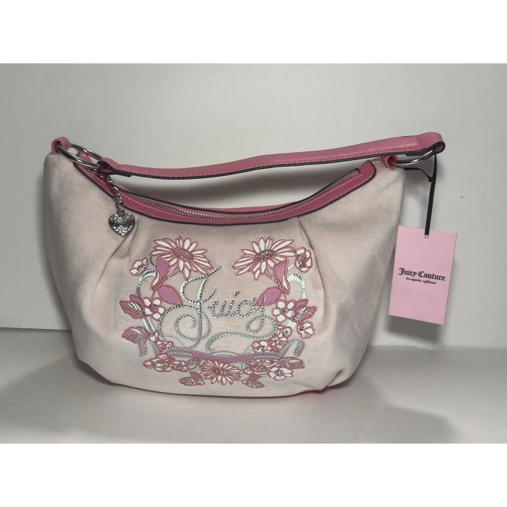 Juicy Couture Hobo Bag Juicy In Bloom Powder Blush Pink Velour Floral‎ Y2K